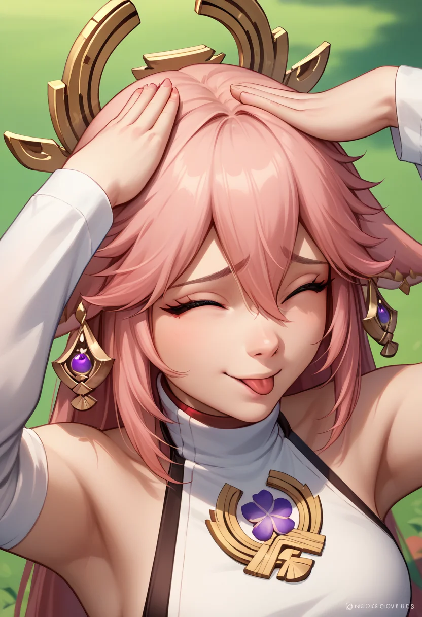 score_9, score_8_up, score_7_up, AhEtoBlehMeme, closed eyes, tongue out, :p, hands on own head, smile, <lora:AhEtoBlehMeme_pdxl_Incrs_v1:1>, yae miko,