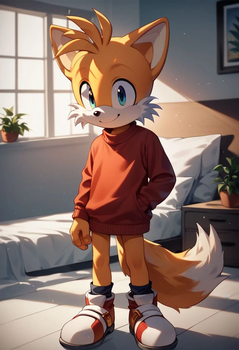 Score_9, score_8_up, score_7_up, score_6_up, score_5_up, score_4_up, solo, Sonic the Hedgehog, Miles Tails Prower, Classic Tails, furry, male, orange fur, two tails, young, cub, fox, canid, larger male, giant male, cute, adorable, red sweater, bottomless,
exhibitionism, standing, smile,
 (),
Bedroom, masterpiece, high quality, best quality, detailed shaders, digital artwork, highly detailed, source anime, source nsfw