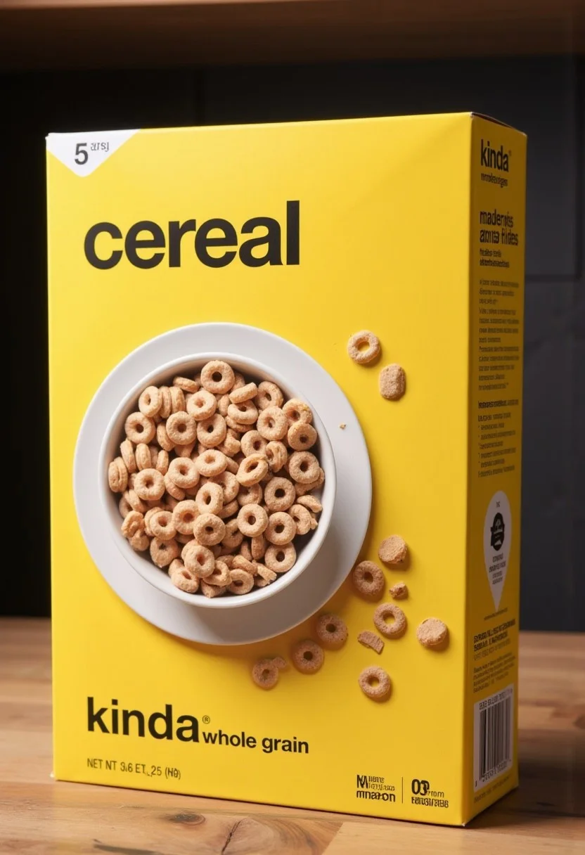 A box of cereal on a table titled "cereal" with yellow theme and no name logo. Below the word cereal is the text "kinda whole grain"