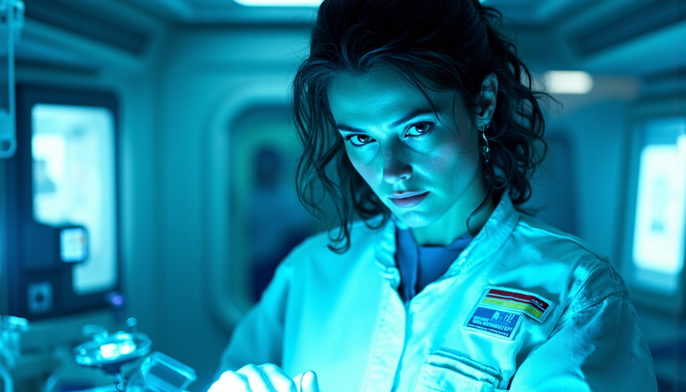 nostromo style,
woman wearing jumpsuit, sickbay, laboratory, science fiction, horror,

extremely detailed:1.2, sharp:1.2, bold outlines,

sharp focus, detailed face, clear eyes, Detailed perfect hand