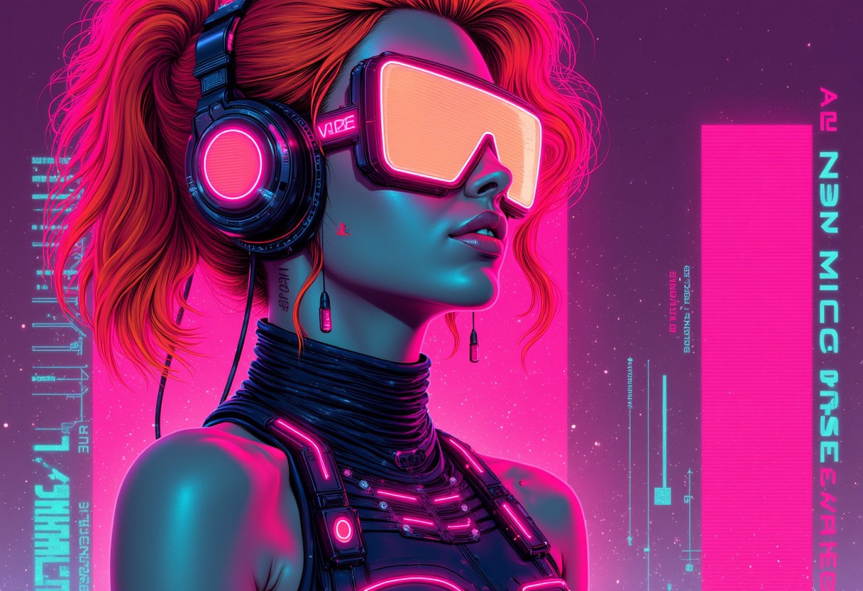 "Retro-futuristic cyberpunk artwork, Frazetta fantasy oil painting, blending virtual reality and technology in a digital world." Beautiful Cyberpunk 19 year old woman, Golden Auburn Hair, glowing red technological enhancements visible on her body, 
<lora:ck-Neon-Retrowave:1>,