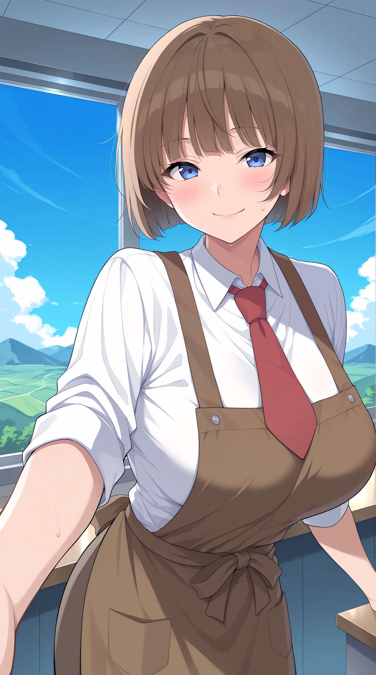 masterpiece, best quality, amazing quality, aesthetic,  absurdres, best quality, 4k, upscale,    indoors, outdoors, sky, landscape, (dynamic pose, foreshortening,)  may, 1girl, solo, blue eyes, necktie, brown hair, breasts, shirt, short hair, red necktie, white shirt, blush, apron,  large breasts, bangs, brown apron, bob cut, collared shirt, looking at viewer, smile, skirt <lora:May_IL:0.8>