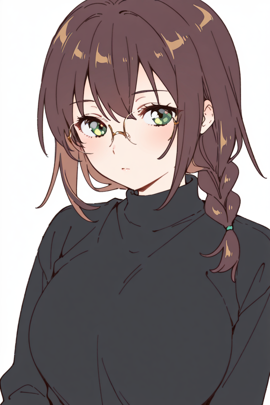 {{amazing quality, best quality, high quality, very aesthetic}}, 1girl, solo, simple background, looking at viewer, brown hair, single braid, bangs, glasses, green eyes, black sweater, turtleneck, large breasts, expressionless
 <lora:Namori_Illustrious:1>
