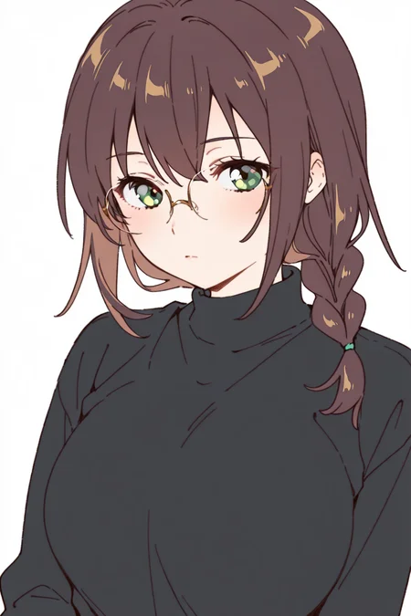 {{amazing quality, best quality, high quality, very aesthetic}}, 1girl, solo, simple background, looking at viewer, brown hair, single braid, bangs, glasses, green eyes, black sweater, turtleneck, large breasts, expressionless
<lora:Namori_Illustrious:1>