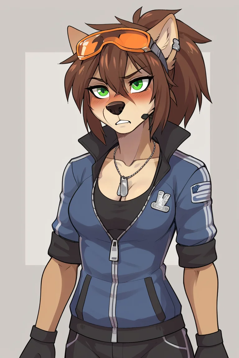 score_9, score_8_up,
source_furry,
<lora:Wendy_Wolfy-Nail:0.8> w3ndywn, 1girl, female wolf, hair between eyes, spiked hair, green eyes, orange (goggles), animal ears, wolf ears, fingerless gloves, brown hair, blush, black nose, ponytail,
blue jacket outfit,
blush, lust, alluring,
skinny,
medium breast,
cleavage, sport bra, fitness bra,
military dog tags,