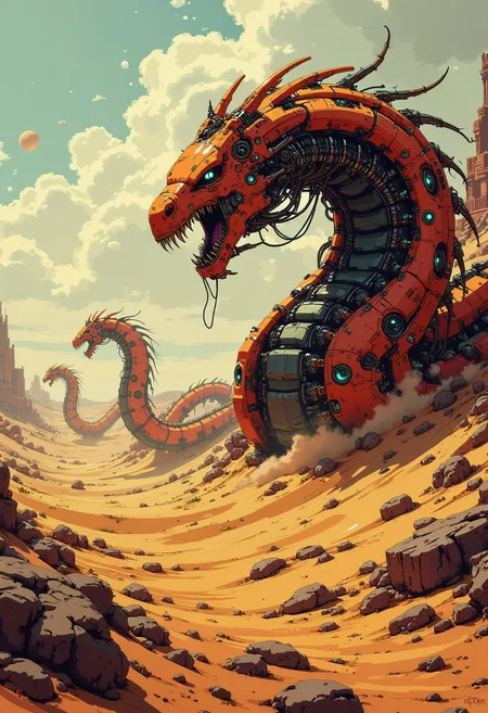 A digital artwork in the style of cknc, a vast scifi inspired landscape, planet dune, desert Environment, massive Cyborg sandworms emerging out of the sand, fierce Look, razor Sharp teeth, Epic composition that leads the viewers eye, attack