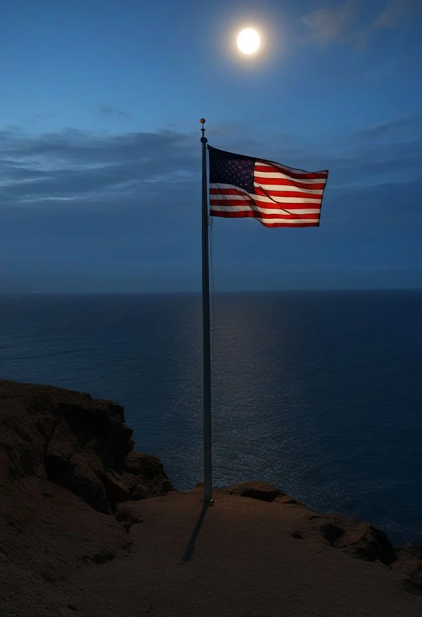 perfect us flag blowing in the wind on a pole at night,  on a cliff-side, overlooking ocean, midnight lighting, hard shadows, HD, 4k, uhd, highest resolution, highly detailed, sharp resolution