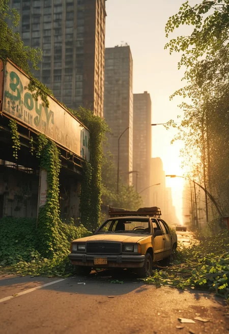 Post-apocalyptic abandoned city overgrown with vegetation, collapsed skyscrapers covered in ivy, broken highways with rusted cars, golden sunset light piercing through toxic fog, lone survivor in scavenger gear walking past a decaying billboard, hyper-realistic textures, cinematic depth of field, photorealistic, 8k, HDR, by Roger Deakins and Naughty Dog art team