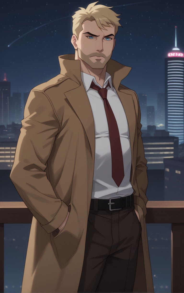 score_9, score_8_up, score_7_up, looking at viewer,  BREAK
DCAU_JL_JohnConstantine_ownwaifu, 
1boy, blonde hair, blue eyes, male focus, short hair, facial hair, mustache, 
red necktie, trench coat, white shirt, collared shirt, open coat, brown coat, belt, pants, coat, long sleeves, beard, brown jacket, formal, brown pants, popped collar, black belt, long coat
(standing, arm_support), railing, cityscape, night, city, city lights, scenery, starry sky, outdoors, <lora:PONYXL_DCAU_JL_JohnConstantine_ownwaifu:0.8> , depth of field, solo, Interesting Image, Captivating Image,