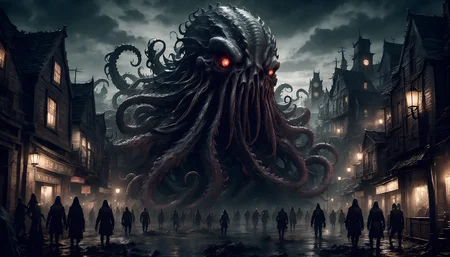 <lora:Dark Fantasy:1> (detailed background, ultra detailed, 8k UHD), Dark Fantasy Page, Kraken in a Zombie-infested Town