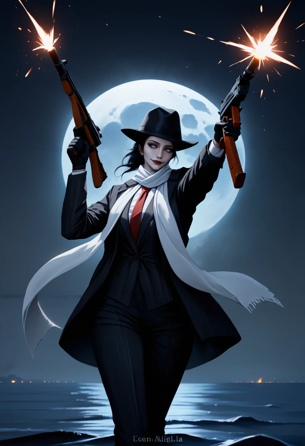 masterpiece, best quality, realistic, photorealistic, newest, hdr, dark, night, outdoors, full moon, moonlight, huge moon, water, 1girl, solo,
Re0n1, blue eyes, red lips, lipstick, black hair, pale skin,
dual wielding, holding thompson submachine gun, muzzle flash, firing, evil smile, black fedora, black suit, striped suit, white shirt, red tie, black gloves, black pants, white scarf
<lora:Rennala, Queen of the Full Moon:1>