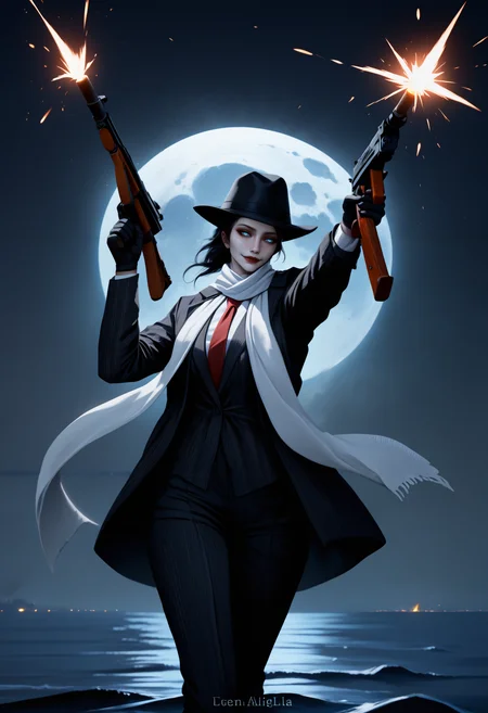 masterpiece, best quality, realistic, photorealistic, newest, hdr, dark, night, outdoors, full moon, moonlight, huge moon, water, 1girl, solo,
Re0n1, blue eyes, red lips, lipstick, black hair, pale skin,
dual wielding, holding thompson submachine gun, muzzle flash, firing, evil smile, black fedora, black suit, striped suit, white shirt, red tie, black gloves, black pants, white scarf
<lora:Rennala, Queen of the Full Moon:1>