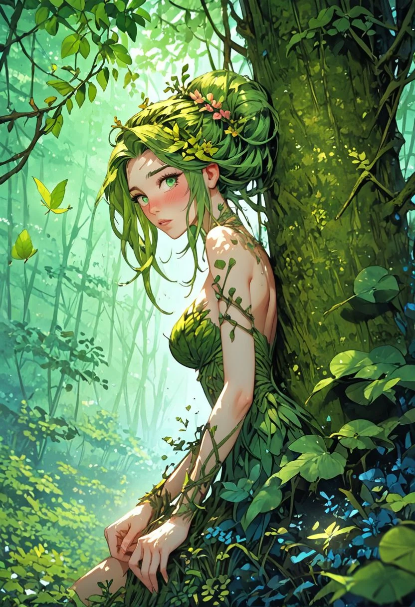 score_9, score_8_up, score_7_up, 1 girl, dryad, slim, petite, plant clothes, plant hair, long straight hair, sitting on a tree, a lot of plants, nature goddes, wooden jewelry, blush, beautiful face, green eyes, dutch angle, pink fingernails, moonlight, forest, green leaves, floating leaves, <lora:Expressive_H-000001:0.8>, expressiveH <lora:Fant5yP0ny:0.9> <lora:Pony_DetailV1.0:0.9>