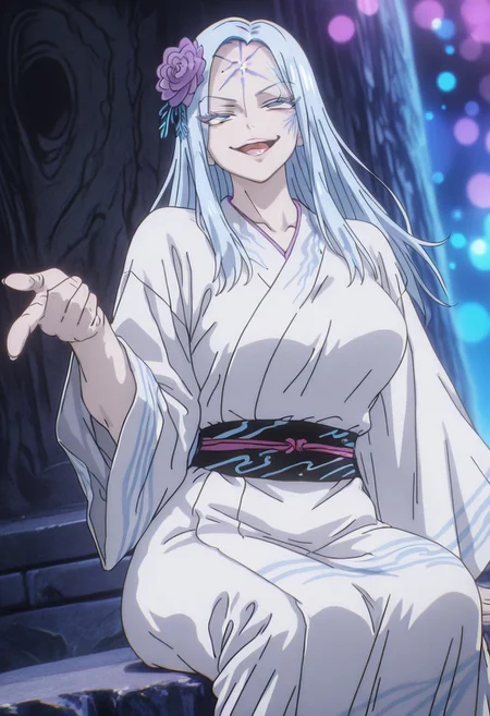 HakuneFT, 1girl, solo, pale skin, pale blue hair, long hair, hair flower, blue eyes, eyelashes, lips, large breast, thick thighs,snowflake pattern mark on forehead, sash, hair ornament, japanese clothes, western yukata, white kimono, flower ornament, intricate designs, wide sleeves, tabi,
,seductive pose, sexy pose, tease, 
masterpiece, best quality, fine details, intricate details, depth of field, subsurface scattering, bokeh,
 ultra-detailed, very aesthetic, detailed background, newest, scenery, highres, absurdres, colorful, vibrant, glowing, perfect face, 2d, perfect eyes,  vibrant saturated colors, volumetric lighting, sharp, detailed eyes, perfect anatomy,  perfect face, perfect eyes, mature body, clear eyes, beautiful eyes, athletic, curvy body, athletic girl, perky tits, perfect tits, round breasts, pinup pose, teasing, lustful expression, perfect hands, 
muscular female, dutch angle, 
wide smile, laughing, pointing, sitting, blurry background, on stone seat, 
,Smooth Negative, Smooth_Quality,
dark_fantasy_style, dark fantasy, retro,