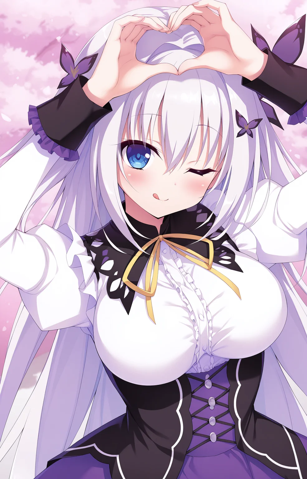 masterpiece, best quality, high quality, detailed, absurdres,newest, scenery, 1girl, solo, official style,best perspective,depth of field, very_aesthetic, best_quality ,high_resolusion, (8K:1.5),,crisp quality, ultra detailed,perfect anatomy,perfect lighting,anime screencap, perfect eyes,detailed eyes,<lora:Ran_Flip_Flop_V2_Illustrious:1>,1girl,Ran,Blue eyes,Long hair,white hair, Very long hair,hair between eyes,bangs,hair intakes,two side up,large breasts,uniform ran,Skirt,purple skirt,hair ornament,long sleeves,frills,white shirt,butterfly hair ornament,shirt,ribbon,white shirt,puffy sleeves,center frills,yellow ribbon,
1girl, heart hands, one eye closed, heart, solo, tongue out, tongue, looking at viewer, smile, ;q, blush, upper body, arms up,