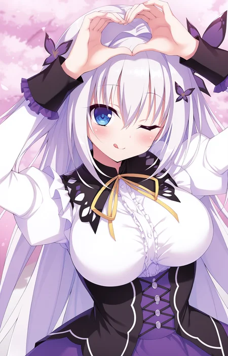 masterpiece, best quality, high quality, detailed, absurdres,newest, scenery, 1girl, solo, official style,best perspective,depth of field, very_aesthetic, best_quality ,high_resolusion, (8K:1.5),,crisp quality, ultra detailed,perfect anatomy,perfect lighting,anime screencap, perfect eyes,detailed eyes,<lora:Ran_Flip_Flop_V2_Illustrious:1>,1girl,Ran,Blue eyes,Long hair,white hair, Very long hair,hair between eyes,bangs,hair intakes,two side up,large breasts,uniform ran,Skirt,purple skirt,hair ornament,long sleeves,frills,white shirt,butterfly hair ornament,shirt,ribbon,white shirt,puffy sleeves,center frills,yellow ribbon,
1girl, heart hands, one eye closed, heart, solo, tongue out, tongue, looking at viewer, smile, ;q, blush, upper body, arms up,