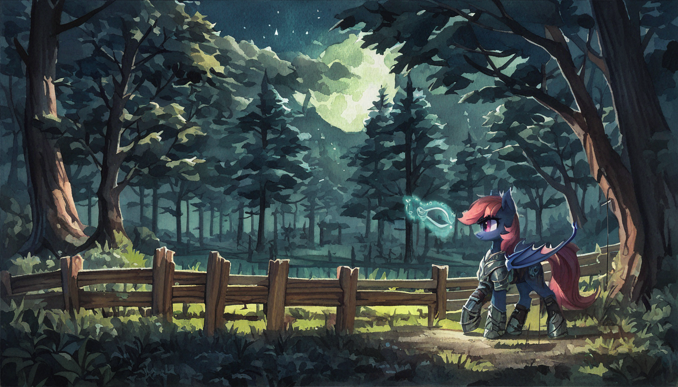 score_9, score_8_up, score_7_up, score_6_up, score_5_up, score_4_up, rating_safe, bat pony, pony, solo, armor, arrow, fence, forest, magic, moon, night, oc, scenery, tree, oc only, bow \(weapon\), magic arrow, watercolor painting, traditional art, detailed, beautiful, <lora:MLP_Watercolor_Painting_v1-000006:1>