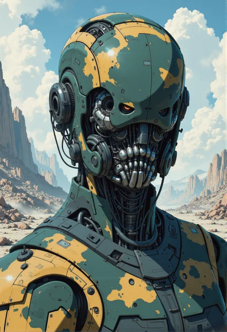 <lora:ck-ghost-reaper-000015:1>, This is a digital artwork in the style of ckgr, concept art, man is an android, the humanoid robots plastic camouflage cyborg mask is open, the mechanical parts of the robot are visible inside, background is a vast battlefield with mountains in background, anime
