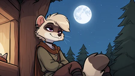 (detailed background:1.2), photorealistic, high quality, image depth, cinematic lighting, photorealistic, detailed shading, <lora:pony_good_hands:1>, solo, masterpiece, highest quality, detailed face, deep shadows, SFW, night setting, <lora:Beautiful Detailed Eyes:1> <lora:Detailed_eyes:1>, fluffy fur, (Brooke,1girl,solo,furry female,racoon girl,purple eyes,blonde hair,short hair,bangs,body fur,two tone fur,grey fur,white fur,tail,black choker,snout,animal nose,whiskers,earings,piercing, armless green top, anthro, fluffy, fluffy fur, paws, moon, trees, tunic, pants, cape, scarf, leg wrap), <lora:Brooke_v01_ILXL:1>, (half closed eyes:1.2), (whittling a wooden spike:1.3), treehouse, score_9, score_8_up, score_7_up, score_6_up, score_5_up, score_4_up,