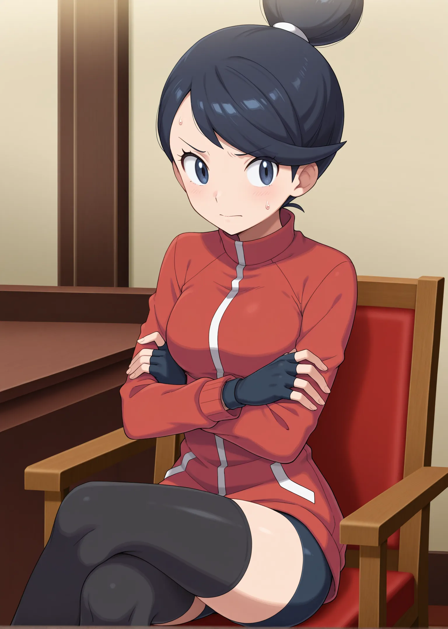 1girl,solo,masterpiece,best quality, anime screencap,pokemon hgss,
<lora:Ace_Trainer_HGSS_v1_IL:0.6>,AceTrainerHGSS,black hair,single hair bun, swept bangs,short hair,red track jacket,long sleeves,black thighhighs,fingerless gloves,bike shorts,
furrowed brow,sitting,chair, looking at object, indoors, sideways glance,closed mouth, crossed legs,sweatdrop, crossed arms