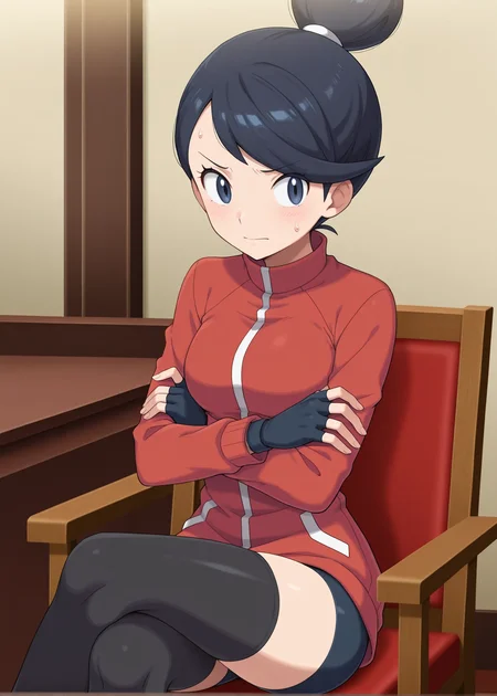 1girl,solo,masterpiece,best quality, anime screencap,pokemon hgss,
<lora:Ace_Trainer_HGSS_v1_IL:0.6>,AceTrainerHGSS,black hair,single hair bun, swept bangs,short hair,red track jacket,long sleeves,black thighhighs,fingerless gloves,bike shorts,
furrowed brow,sitting,chair, looking at object, indoors, sideways glance,closed mouth, crossed legs,sweatdrop, crossed arms