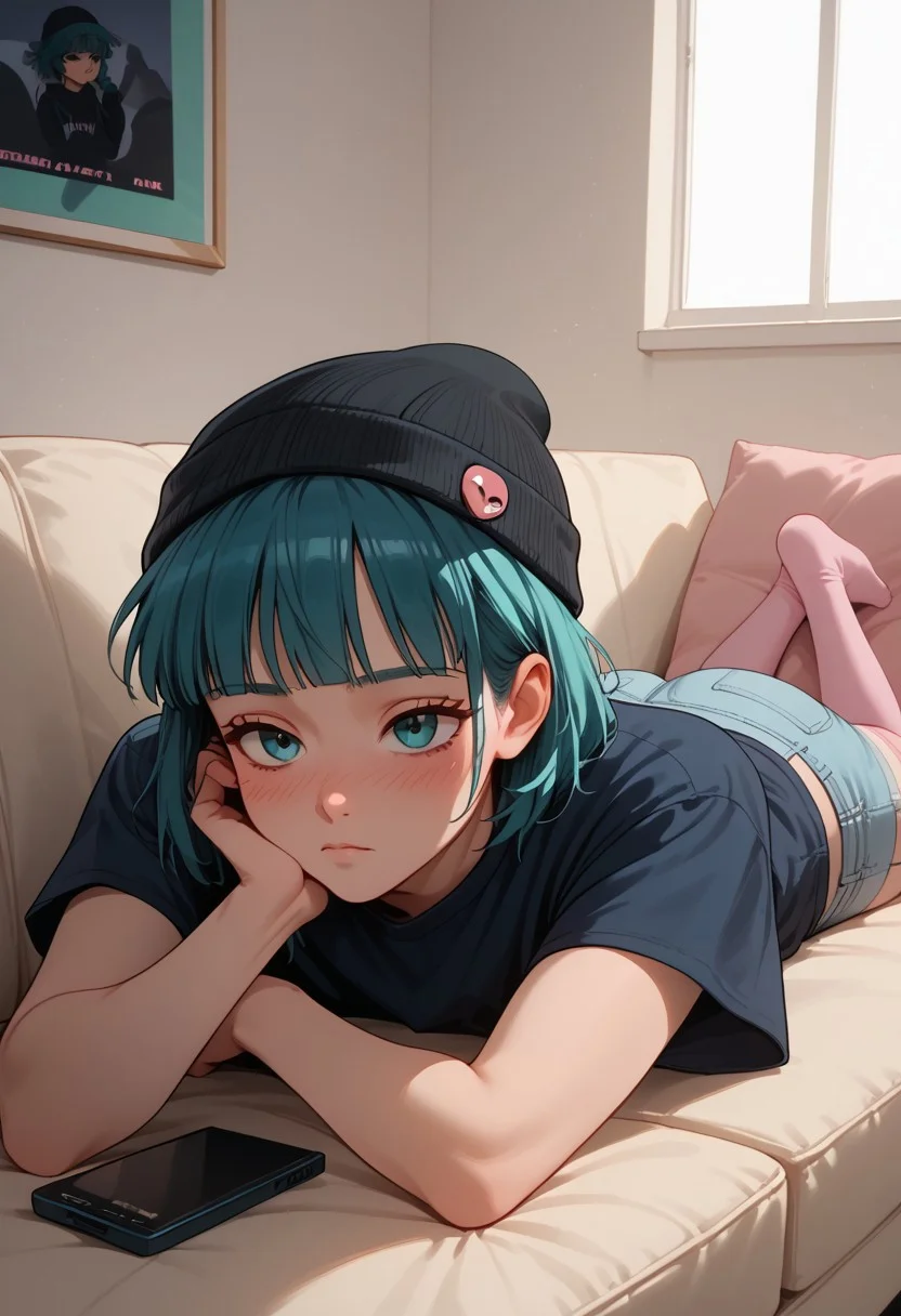 score_9, score_8_up, score_7_up, score_6_up, score_5_up, 90s4n1m3, t4s14, (room, dark, lazy, lying on sofa on stomach, 1femboy, beanie, teal hair, blunt bang, bob hair, blush, blue t-shirt, pink short jeans, elbow rest, phone, pair of stockings)