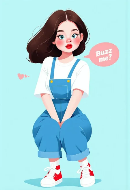 Gina, rosy cheeks, solo, 2d, flat illustration, flat color, anime, Juaner_illustration,
full body, smiling, overalls, sneakers, 
(one eyebrow raised), looking at the viewer with a (mischievous smile:1.5) and (head tilted to one side:2),
masterpiece fine details, breathtaking artwork, painterly art style, high quality, 8k, very detailed, high resolution, exquisite composition, no deformation, word balloon reads "Buzz me?"