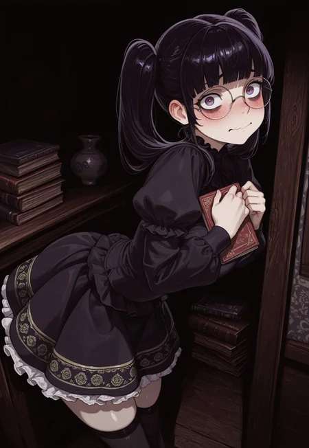 1girl, porcelain skin, (blush:1.3), dark purple eyes, bags under eyes, constricted pupils, nervous, round glasses, upturn nose, black hair, glossy hair, wavy mouth, twintails, blunt bangs, gloomy, obsessive, medium breasts, ornate clothes, black frilled blouse, black miniskirt, white petticoat, long sleeves, puffy sleeves, black thighhighs, mary janes, standing, from side, looking at viewer, tightly holding book to own chest, upper body, leaning forward, hunched over
dilapidated house, dark, masterpiece, best quality, very aesthetic, absurdres, vignetting, chiaroscuro, hard shadows, Expressiveh