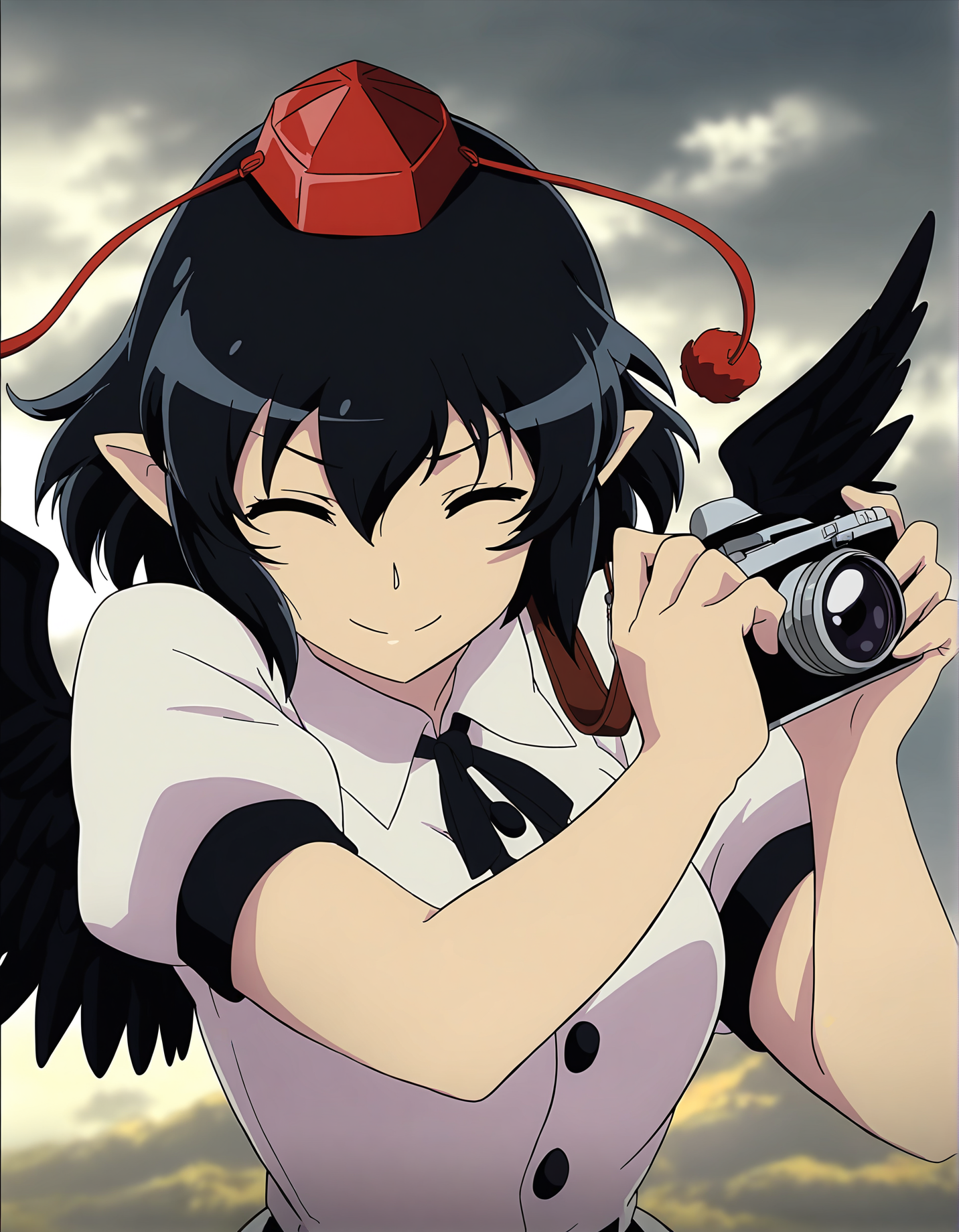 memoriesofphantasm, 1girl, shameimaru aya, solo, black hair, hat, tokin hat, wings, shirt, pointy ears, black wings, camera, white shirt, sky, short sleeves, closed eyes, general, holding, black ribbon, short hair, puffy sleeves, upper body, red headwear, collared shirt, ribbon, cloud, pom pom (clothes), parody, puffy short sleeves, anime coloring, bird wings, breasts, holding camera, neck ribbon, cloudy sky, feathered wings
very awa, masterpiece, best quality, year 2024, newest, highres, absurdres, <lora:memories-of-phantasm-style-noobai-epspred11:1>