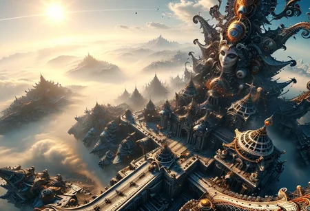 realistic, RAW photo, high quality, Stable_Yogis_PDXL_Positives, photo from high altitude of a huge <lora:skyline:0.4> sky,, made of metal in <lora:volumetric lighting style v2:0.9> volumetric lighting style, <lora:GOW57_BY_STX:1.0> GOW57,<lora:cwhyberponk:0.9> cwhyberponk vast city with foggy valleys, in , featuring <lora:ral-frctlgmtry:1.0> ral-frctlgmtry