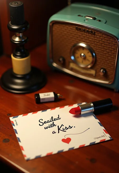1950, “Sealed with a Kiss” on a postcard on a wooden writing desk, lipstick small hickey, vintage radio, aidmaTextImprover,