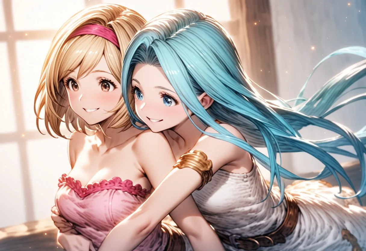 best quality, very aesthetic, absurdres,
2girls, yuri, smile, bare shoulders, strapless, hug from behind,
djeeta \(granblue fantasy\), lyria \(granblue fantasy\),