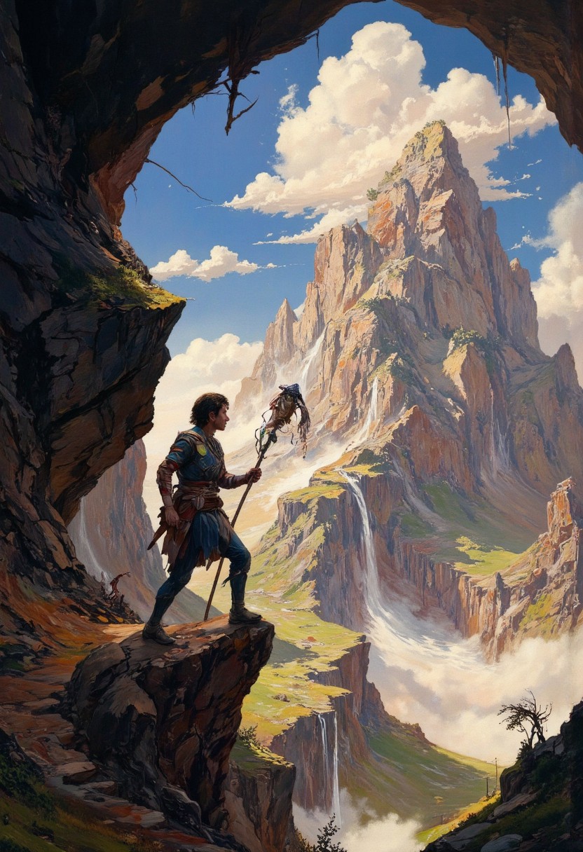 Screen grab from a 1940s dark fantasy movie, wizard of oz style color, occult, A lone adventurer ascends the jagged cliffs of Bastelfelsen, their papier-mâché armor patched and reinforced with glowing glue, carrying a crooked staff adorned with hanging scraps of painted fabric, their determined gaze fixed on the mountaintop where the Paper Wraith’s power is said to reside