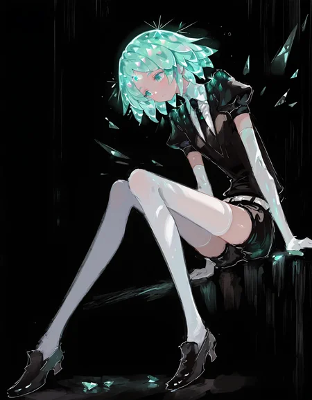 masterpiece,  best quality, newest, highres, absurdres,  <lora:fuyumur4s4ki_style:1>,fuyumur4s4ki_illu, gem uniform (houseki no kuni), 1other, solo, short hair, androgynous, necktie, shorts, short sleeves, puffy sleeves, green hair, shirt, black necktie, puffy short sleeves, green eyes, black background, collared shirt, aqua eyes, sitting, aqua hair, shoes