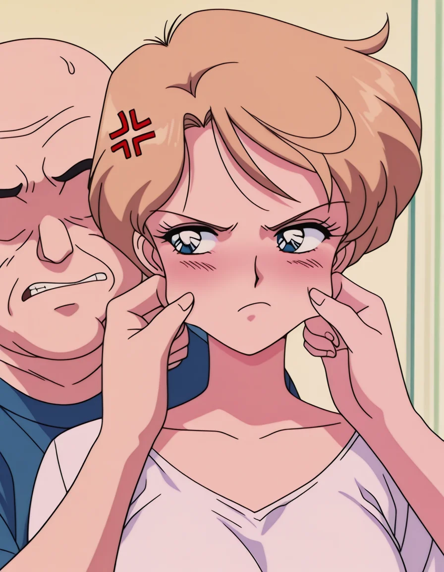 masterpiece, best quality, amazing quality,, <lora:haruka-tenou-s3-illustriousxl-lora-nochekaiser:1>, haruka tenou, tenou haruka, blonde hair, blue eyes, parted bangs, short hair, very short hair, retro artstyle, mature female, medium breasts, anime screencap, <lora:mutual-cheek-pinching-illustriousxl-lora-nochekaiser:1>, mutual cheek pinching, blush, closed mouth, frown, anger vein, angry, pinching, cheek pinching, hetero, looking at another, <lora:faceless-ugly-man-illustriousxl-lora-nochekaiser:1>, faceless ugly man, faceless, ugly man, fat, faceless male, fat, bald, mature male,