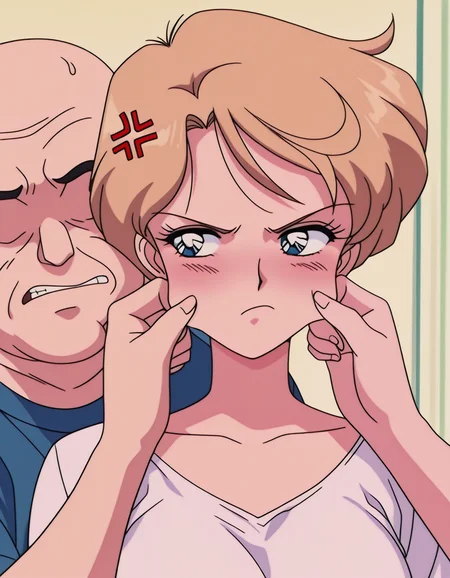masterpiece, best quality, amazing quality,, <lora:haruka-tenou-s3-illustriousxl-lora-nochekaiser:1>, haruka tenou, tenou haruka, blonde hair, blue eyes, parted bangs, short hair, very short hair, retro artstyle, mature female, medium breasts, anime screencap, <lora:mutual-cheek-pinching-illustriousxl-lora-nochekaiser:1>, mutual cheek pinching, blush, closed mouth, frown, anger vein, angry, pinching, cheek pinching, hetero, looking at another, <lora:faceless-ugly-man-illustriousxl-lora-nochekaiser:1>, faceless ugly man, faceless, ugly man, fat, faceless male, fat, bald, mature male,