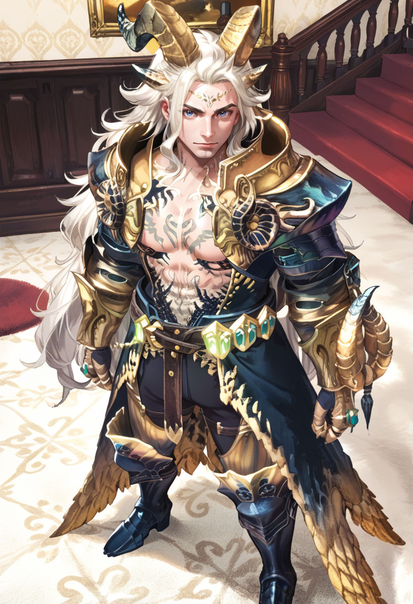 (score_9:0.9),score_8_up,score_7_up,rating_safe,anime style,(zPDXL),<lora:EX Kulve Taroth Alpha male ponyXL v1:0.8>,ex kulve taroth alpha armor, 1boy, grey hair, solo, gold horns, very long hair, gold gauntlets, looking at viewer, carpet, indoors, standing, male focus, large pectorals, muscular male, black knee boots, gold pauldrons, from above