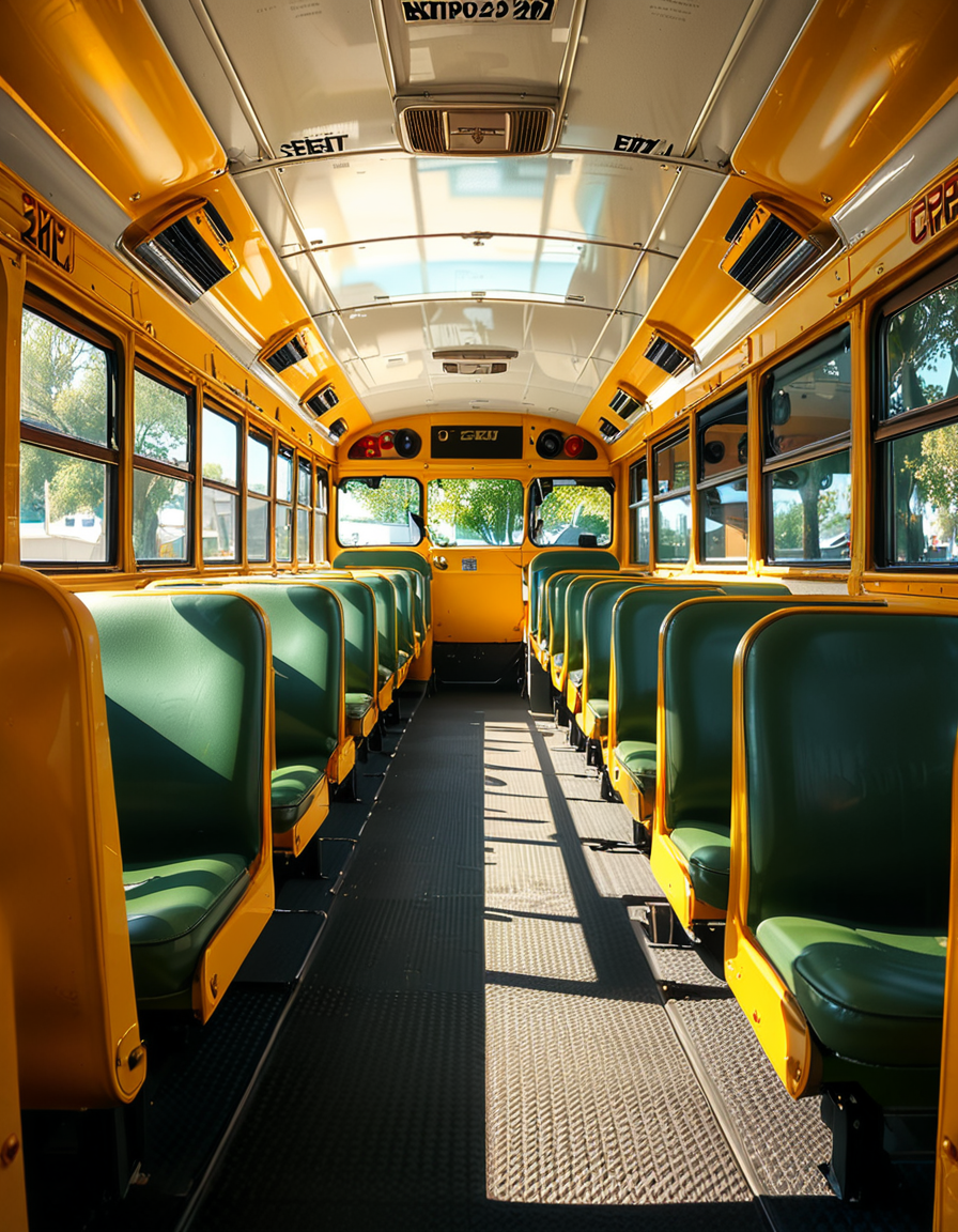 The interior of a classic yellow school bus, captured in a clean and well-maintained state. Long rows of simple green vinyl seats line both sides of a narrow aisle, slightly worn from regular use. The perspective is from the front of the bus, looking toward the back, with a clear view of the seats and the metal handrails on top of each row. Sunlight streams in through the large rectangular windows on both sides, creating soft reflections on the seats and a warm glow inside. The floor is textured black rubber, with faint signs of foot traffic. The atmosphere feels quiet and inviting, with no students present, giving a peaceful and slightly nostalgic vibe. The style is photorealistic, highlighting the details of the seat stitching, window latches, and the subtle reflections of light on surfaces. The background includes the driverâs area partially visible, with the steering wheel and dashboard controls adding to the authenticity.
<lora:SDXLFaeTastic2400:0.4> <lora:extremely_detailed:0.4> extremely detailed, <lora:sch00l_bus:1>,sch00l bus, Masterpiece,best quality,hi res,8k,hi res,8k,award winning,(sharp focus, intricate, highly detailed),