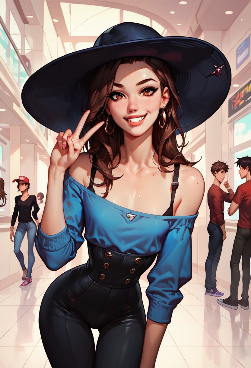 score_9, score_8_up, score_7_up, g0thicPXL, Expressiveh, high quality, stunning, perfect eyes, detailed face, 1boy, solo, femboy, cute, brown eyes, brown hair, long straight hair, very straight hair, narrow shoulders, flat chest, thin waist, bottom heavy, hat, red oversized shirt, long sleeves, off the shoulder shirt, black pants, high waist pants, in public, mall, posing, modeling, bent over, hand raised up, V, wide smile,