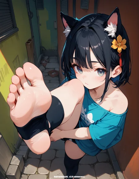 (score_9,score_8_up,score_7_up), ,, (hadrian,standing and show foot,standing and show sole,from above,foot focus,fisheye,standing on one leg,sole),oversized t-shirt,single bare shoulder,black hair,cat ears,holding leg,stirrup legwear,alley,black toenails,