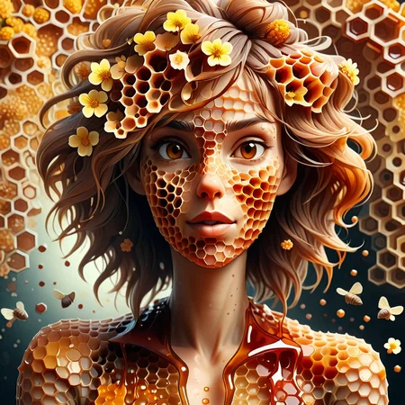 woman, portrait, cartoon, honeycomb morph, surrounded by honey flowers <lora:Honeycomb_Morph-000007:1>