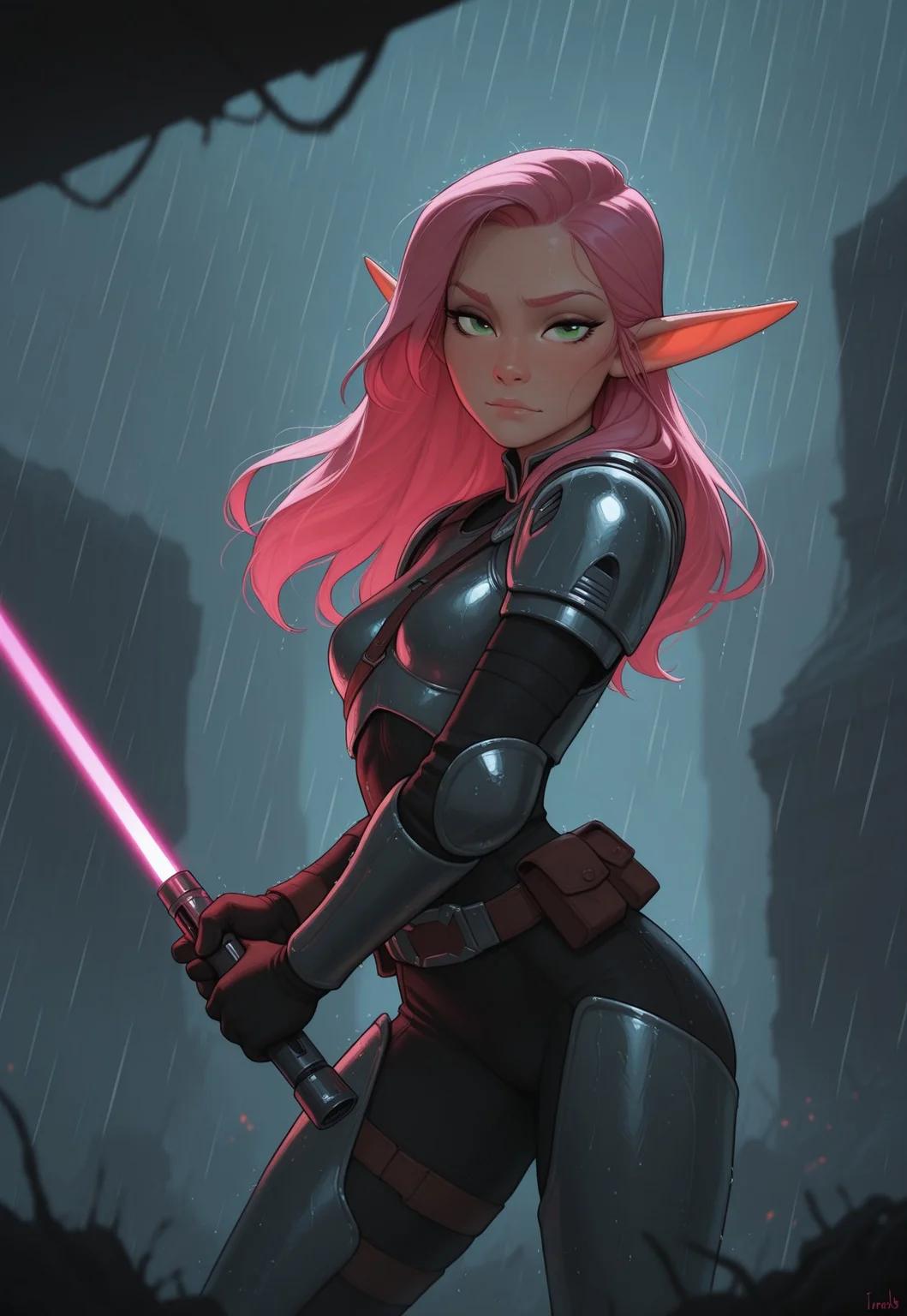 masterpiece, best quality, amazing quality, very aesthetic, DISNEY_ANIMATION, incoth, (incase:0.6), female, solo, (depth of field), outoors, sci-fi, futuristic, raining, battlefield,
elf, pink hair, green eyes, cute face, slim, small breasts, long hair swept to one side, beautiful, kawaii, (short ears), serene expression,
mandalorian armor, sleek purple lightsaber,
standing, dynamic pose, battle stance, looking at viewer, laser shots in the air, battle, explosions, laser shots,