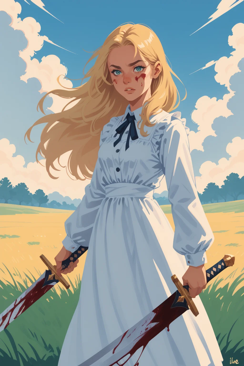 1girl, weapon, dress, long hair, solo, blonde hair, sword, blood on clothes, white dress, blood, looking at viewer, holding, holding weapon, outdoors, holding sword, standing, long sleeves, , field, sky, cloud, zPDXL3, PnyCmicXLPOS, detailxl, (lineless, vector art:1.5) ,