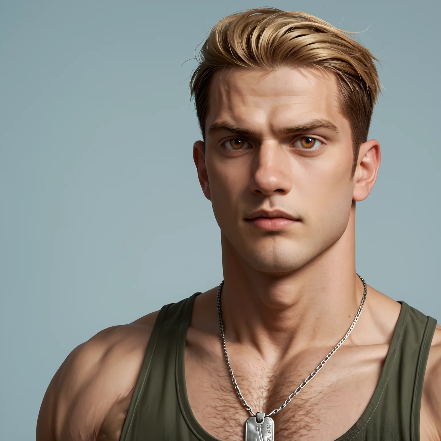 score_9, score_8_up, score_7_up, score_6_up, 1male, solo, porco_galliard, solo, undercut, blonde hair, 1boy, military dog tags, hazel eyes, male focus, lips, realistic, tank top, ((chest hair)), muscular