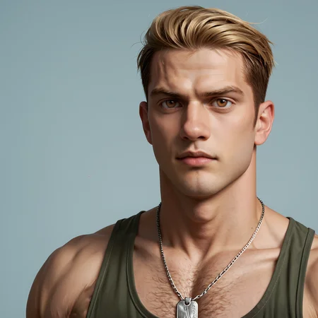 score_9, score_8_up, score_7_up, score_6_up, 1male, solo, porco_galliard, solo, undercut, blonde hair, 1boy, military dog tags, hazel eyes, male focus, lips, realistic, tank top, ((chest hair)), muscular