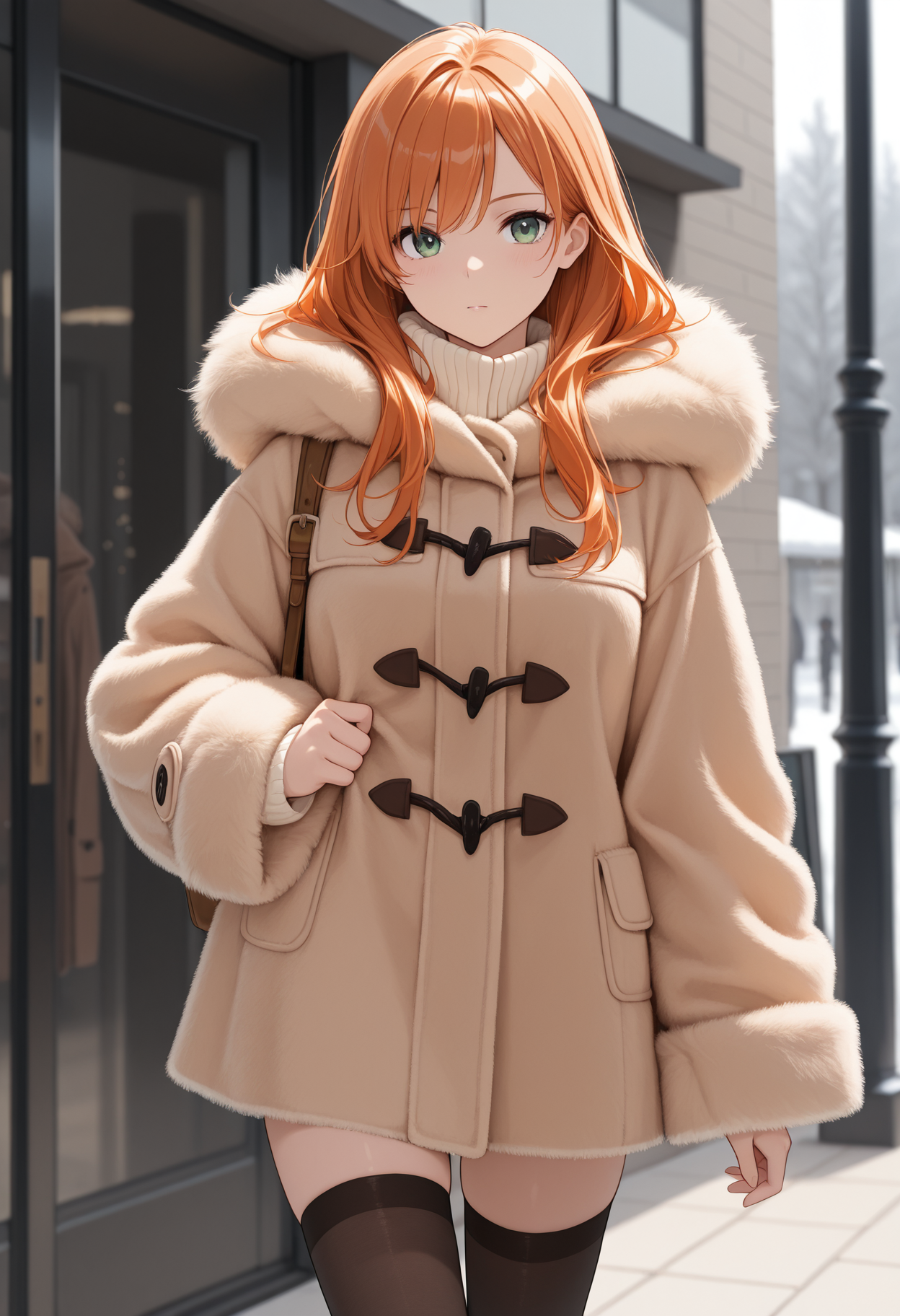 masterpiece, best quality, high quality,
1girl, orange hair, long hair, green eyes,
duffel coat, thighhighs, 
fur coat, brown coat,
<lora:real_fur_v0.4-illu10:1>