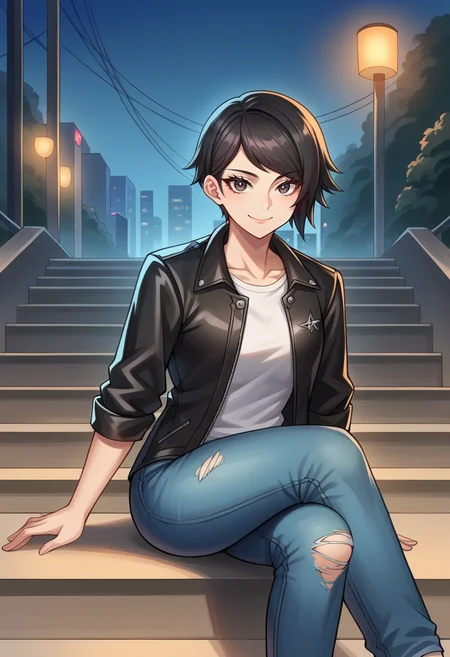 score_9, score_8_up, score_7_up, source_anime BREAK 1girl, solo, <lora:zs_YokoXL:1> yokosmtvv, short hair, black hair, swept bangs, leather jacket, black jacket, blue jeans, ripped jeans, city, night, sitting, stairs, smile, looking at viewer