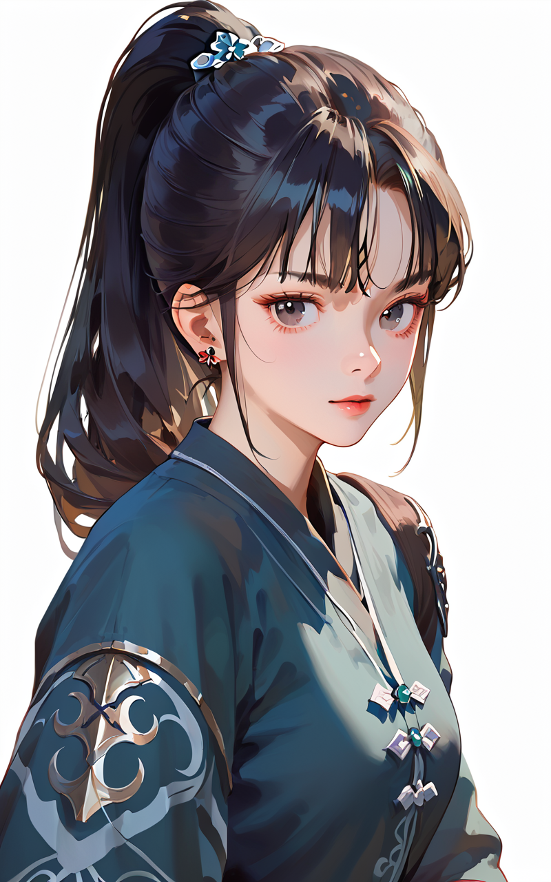 score_9,score_8_up,score_7_up,
<lora:ruanxiuPony-000002:1>,
<lora:v6:0.7>,
ruanxiu,1girl,solo,ponytail,black hair,jewelry,earrings,simple background,long hair,black eyes,looking at viewer,bangs,