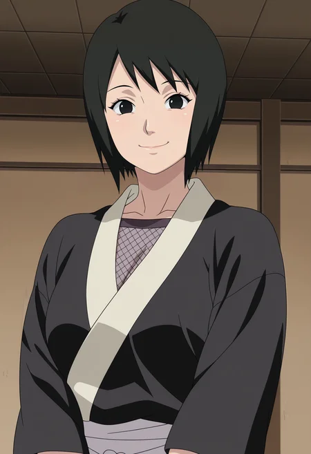 1girl,solo,mm,mature female,black hair,short hair,black eyes,,anime coloring,
,fishnets,japanese clothes,ninja,upper body, looking at viewer, smile,indoors
,masterpiece,best quality,amazing quality,<lora:Shizune-Naruto:0.8>