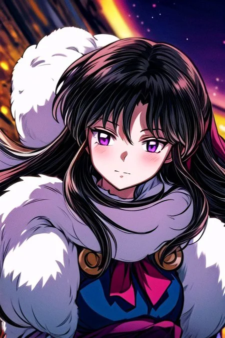 masterpiece, best quality 1girl Setsun4 solo long hair, (night time) forest background black hair very long hair purple eyes multicolored hair armor (fur trim) (medium body),<lora:EMS-179-EMS:0.800000>,<lora:EMS-293862-EMS:0.800000> bow, hair_bow, hair_tubes, red_bow, brown_hair, long_hair, bangs, ascot, frilled_bow, yellow_ascot, blush, smile, hair_between_eyes, athletic
